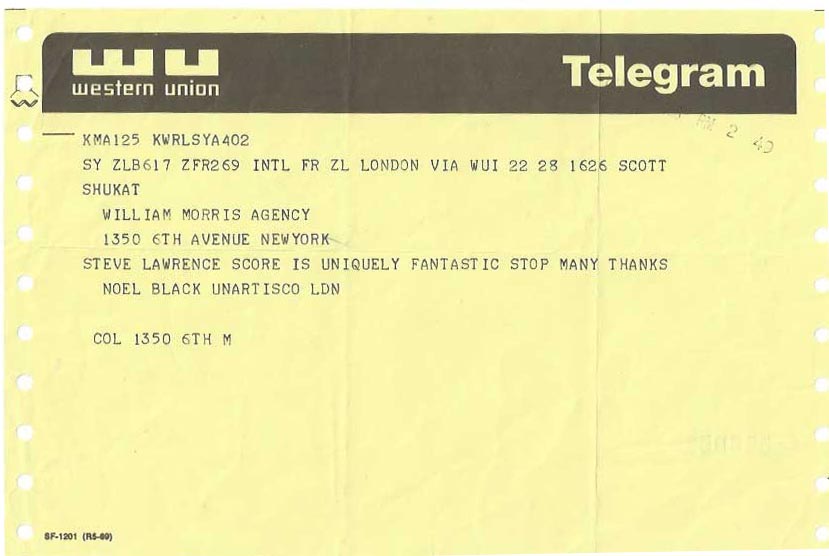 We recorded the music for Jennifer On My Mind (1971), my first real film, in London. Noel Black, the director, sent this telegram to my agent at William Morris, Scott Shukat, around May, 1971.