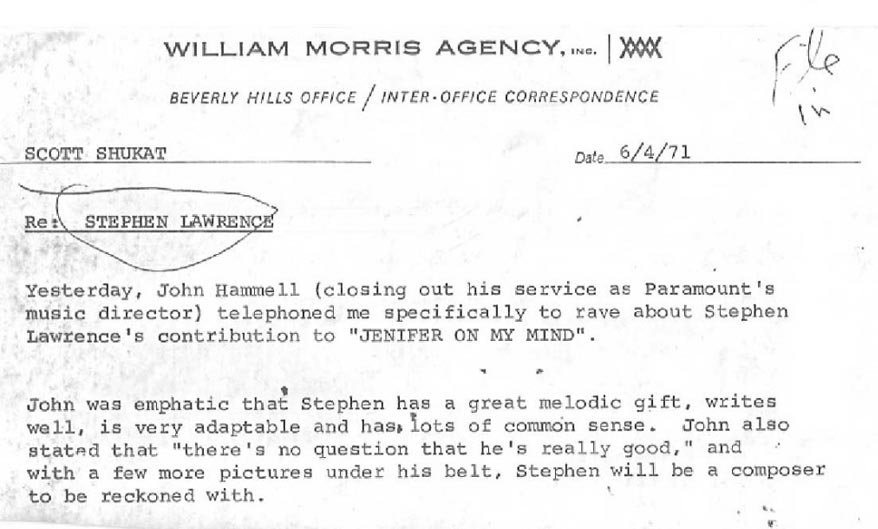 This letter was written by an agent in the Beverly Hills office of William Morris to my New York agent, Scott Shukat. 
